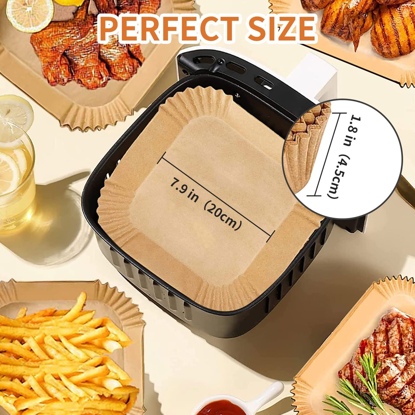 Air Fryer Liners Disposable Square, 100PCS 6.3 INCH Airfryer Liners, Natural Non-stick Parchment Paper for Air Fryer Oil-proof Water-proof, Paper liners for air fryer, Steamer, Baking, Microwave Etc