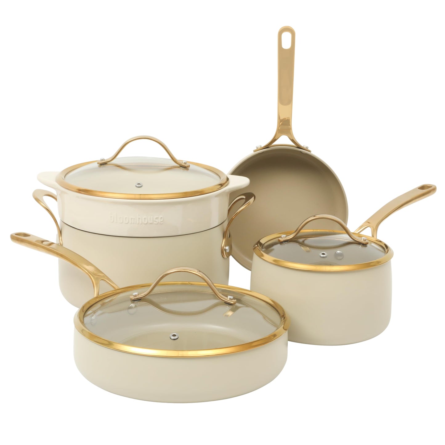 8 Piece Pots and Pans Heavy Duty Aluminum Premium PFA Free Ceramic Nonstick Dutch Oven Pot w/Lid - Almond Cream w/Gold Handle