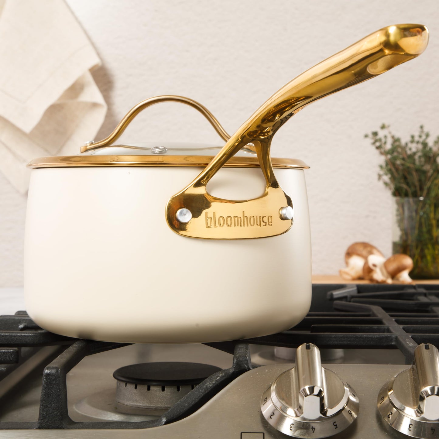 8 Piece Pots and Pans Heavy Duty Aluminum Premium PFA Free Ceramic Nonstick Dutch Oven Pot w/Lid - Almond Cream w/Gold Handle