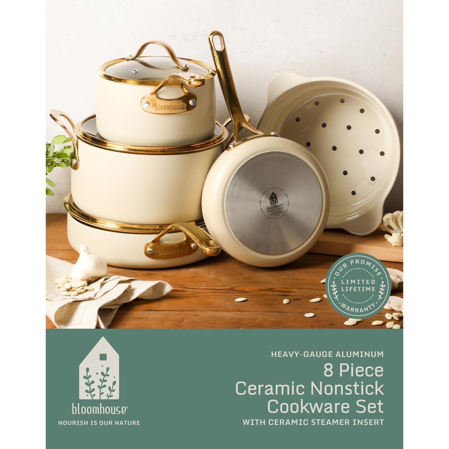 8 Piece Pots and Pans Heavy Duty Aluminum Premium PFA Free Ceramic Nonstick Dutch Oven Pot w/Lid - Almond Cream w/Gold Handle