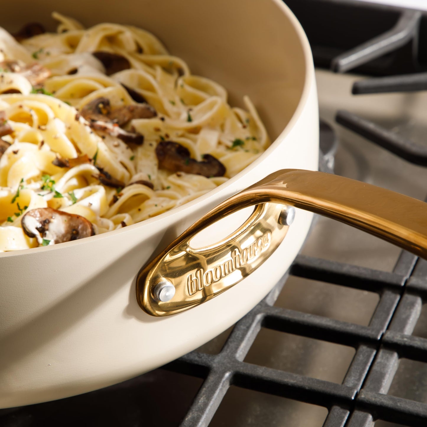 8 Piece Pots and Pans Heavy Duty Aluminum Premium PFA Free Ceramic Nonstick Dutch Oven Pot w/Lid - Almond Cream w/Gold Handle