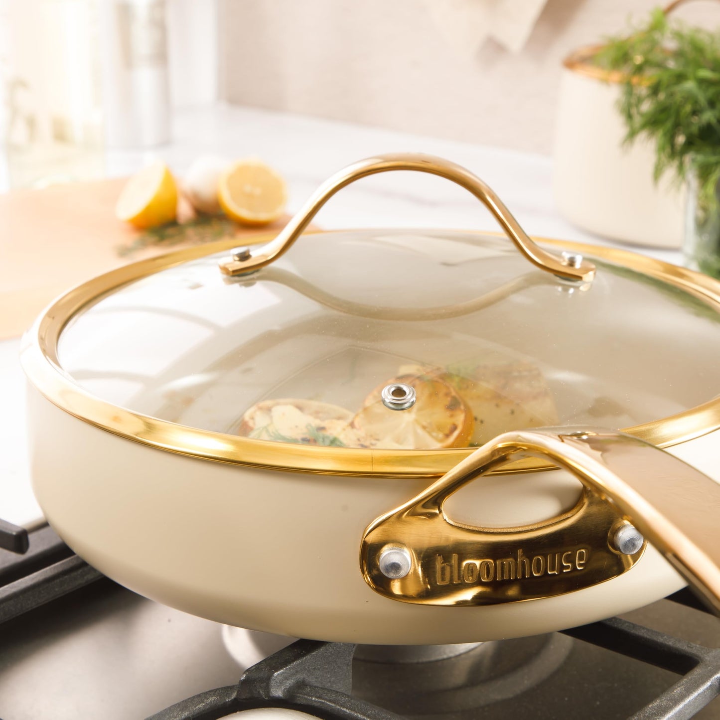 8 Piece Pots and Pans Heavy Duty Aluminum Premium PFA Free Ceramic Nonstick Dutch Oven Pot w/Lid - Almond Cream w/Gold Handle
