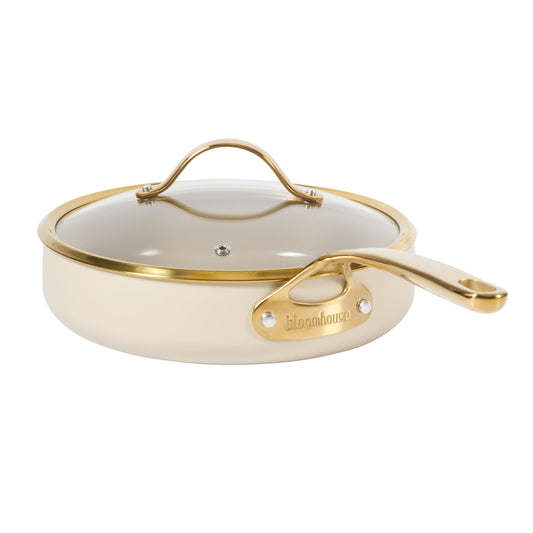8 Piece Pots and Pans Heavy Duty Aluminum Premium PFA Free Ceramic Nonstick Dutch Oven Pot w/Lid - Almond Cream w/Gold Handle