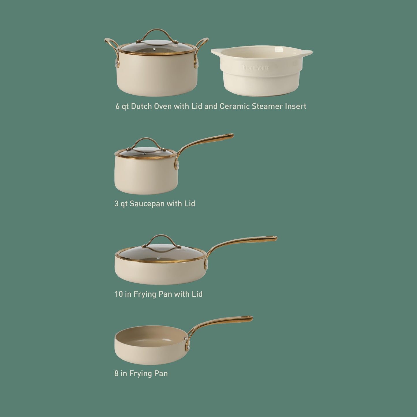 8 Piece Pots and Pans Heavy Duty Aluminum Premium PFA Free Ceramic Nonstick Dutch Oven Pot w/Lid - Almond Cream w/Gold Handle