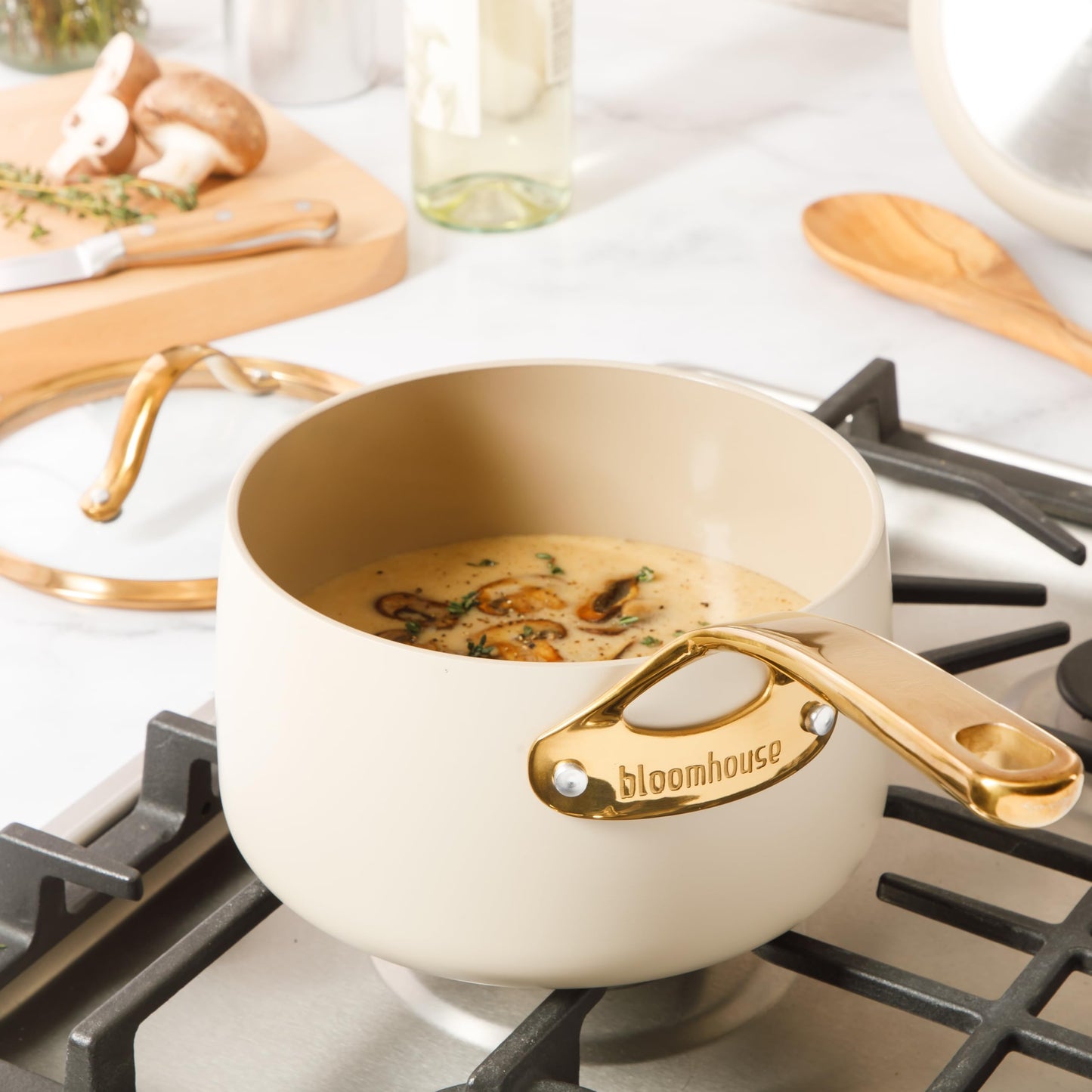 8 Piece Pots and Pans Heavy Duty Aluminum Premium PFA Free Ceramic Nonstick Dutch Oven Pot w/Lid - Almond Cream w/Gold Handle