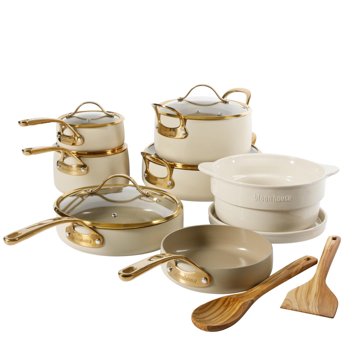 8 Piece Pots and Pans Heavy Duty Aluminum Premium PFA Free Ceramic Nonstick Dutch Oven Pot w/Lid - Almond Cream w/Gold Handle