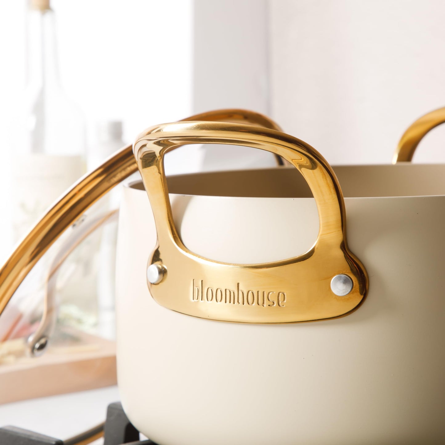 8 Piece Pots and Pans Heavy Duty Aluminum Premium PFA Free Ceramic Nonstick Dutch Oven Pot w/Lid - Almond Cream w/Gold Handle