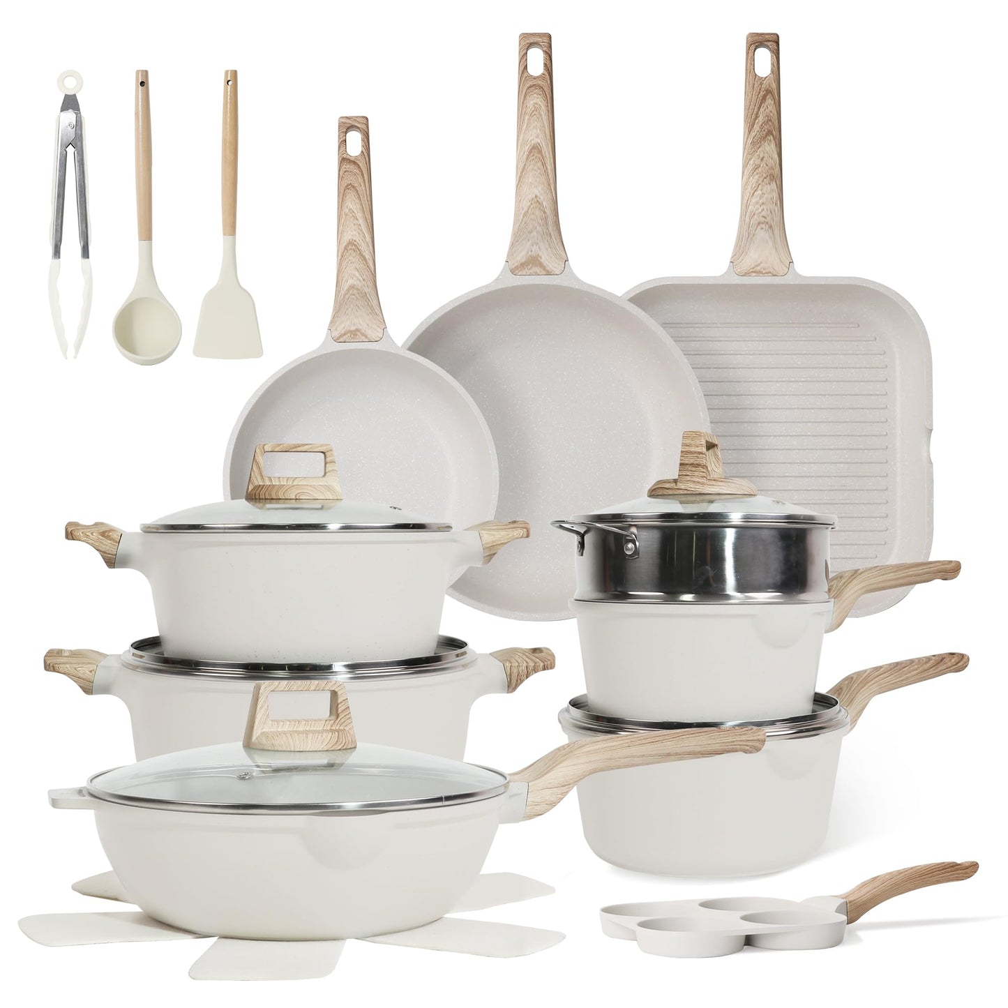 23Pcs Pots and Pans Set Non Stick, Kitchen Cookware Sets, Granite Stone Induction Cookware Non Stick Cooking Set w/Frying Pans, Saucepans, Sauté Pan, Griddle Pan, Egg Pan, Cream White