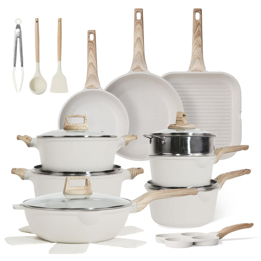 23Pcs Pots and Pans Set Non Stick, Kitchen Cookware Sets, Granite Stone Induction Cookware Non Stick Cooking Set w/Frying Pans, Saucepans, Sauté Pan, Griddle Pan, Egg Pan, Cream White