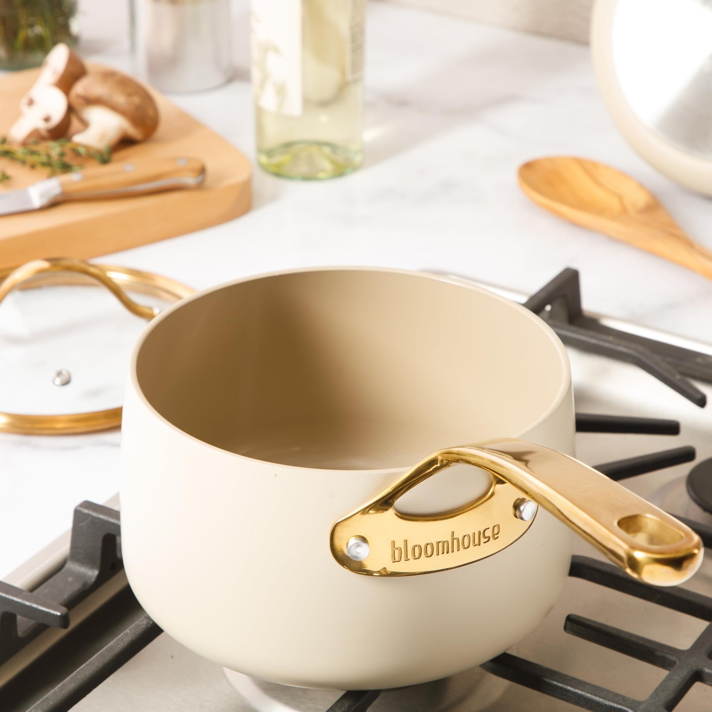 8 Piece Pots and Pans Heavy Duty Aluminum Premium PFA Free Ceramic Nonstick Dutch Oven Pot w/Lid - Almond Cream w/Gold Handle