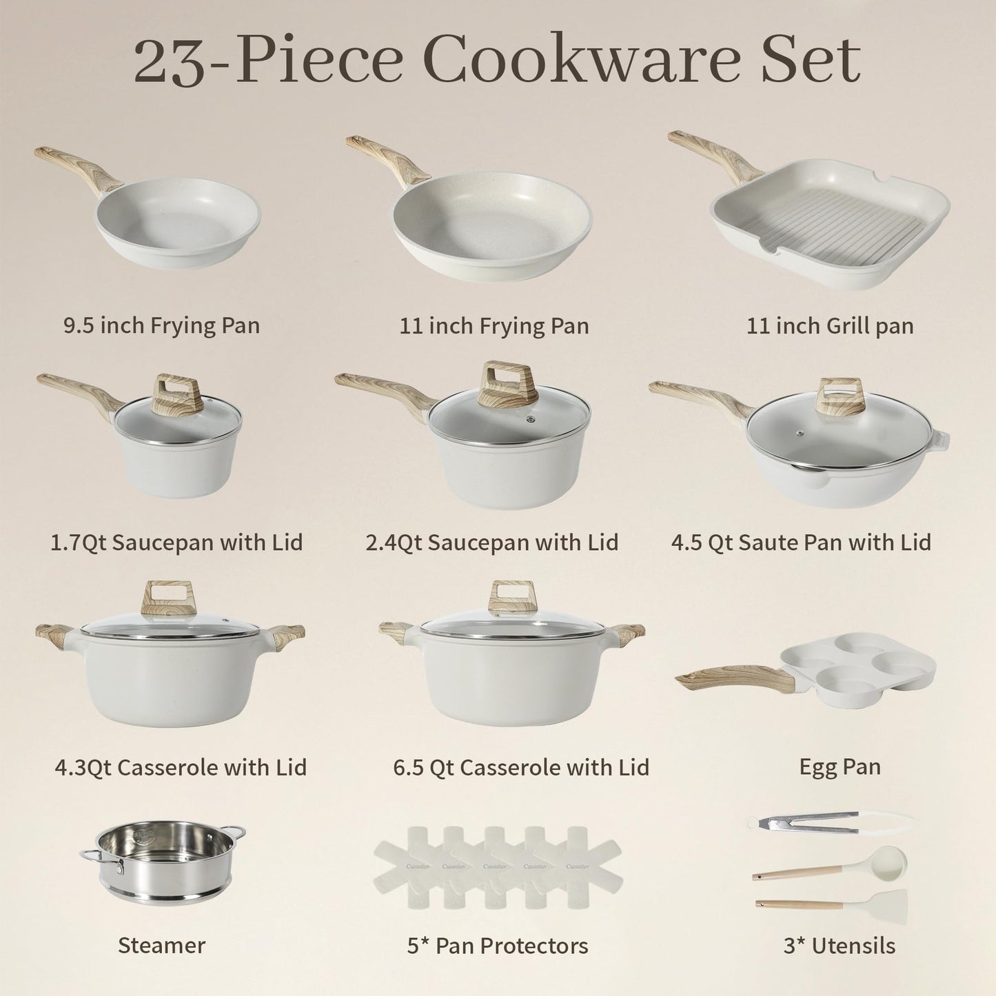 23Pcs Pots and Pans Set Non Stick, Kitchen Cookware Sets, Granite Stone Induction Cookware Non Stick Cooking Set w/Frying Pans, Saucepans, Sauté Pan, Griddle Pan, Egg Pan, Cream White