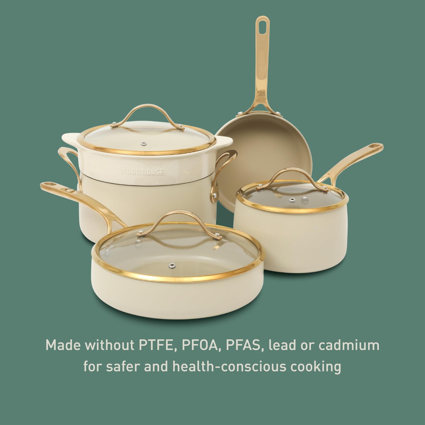 8 Piece Pots and Pans Heavy Duty Aluminum Premium PFA Free Ceramic Nonstick Dutch Oven Pot w/Lid - Almond Cream w/Gold Handle
