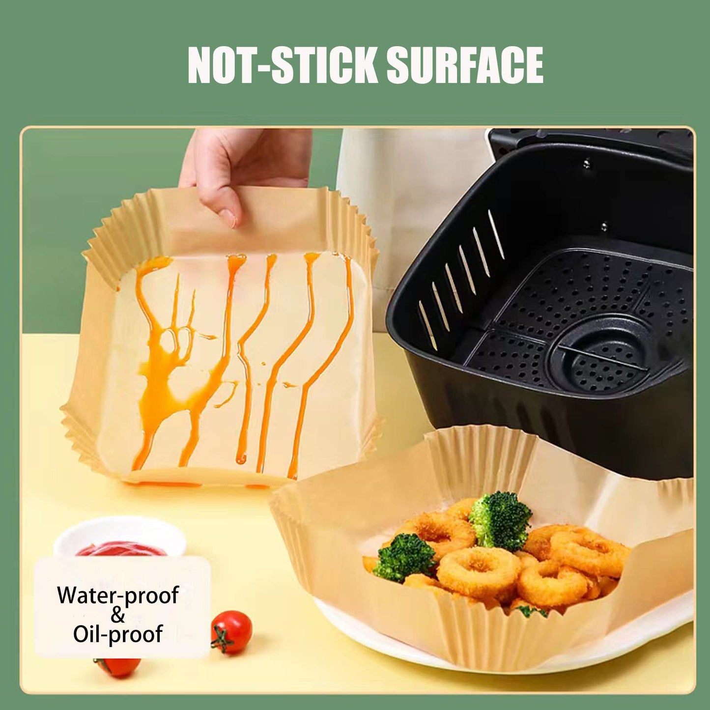 Air Fryer Liners Disposable Square, 100PCS 6.3 INCH Airfryer Liners, Natural Non-stick Parchment Paper for Air Fryer Oil-proof Water-proof, Paper liners for air fryer, Steamer, Baking, Microwave Etc