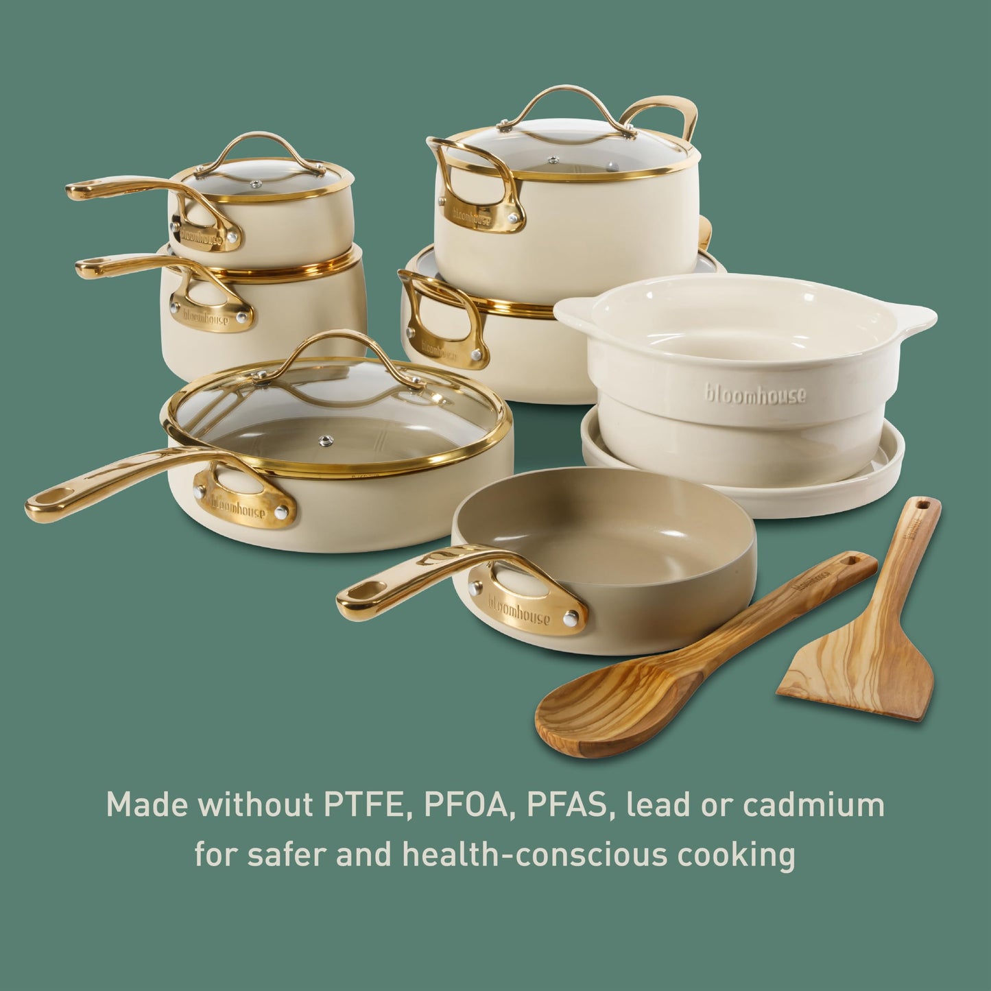 8 Piece Pots and Pans Heavy Duty Aluminum Premium PFA Free Ceramic Nonstick Dutch Oven Pot w/Lid - Almond Cream w/Gold Handle