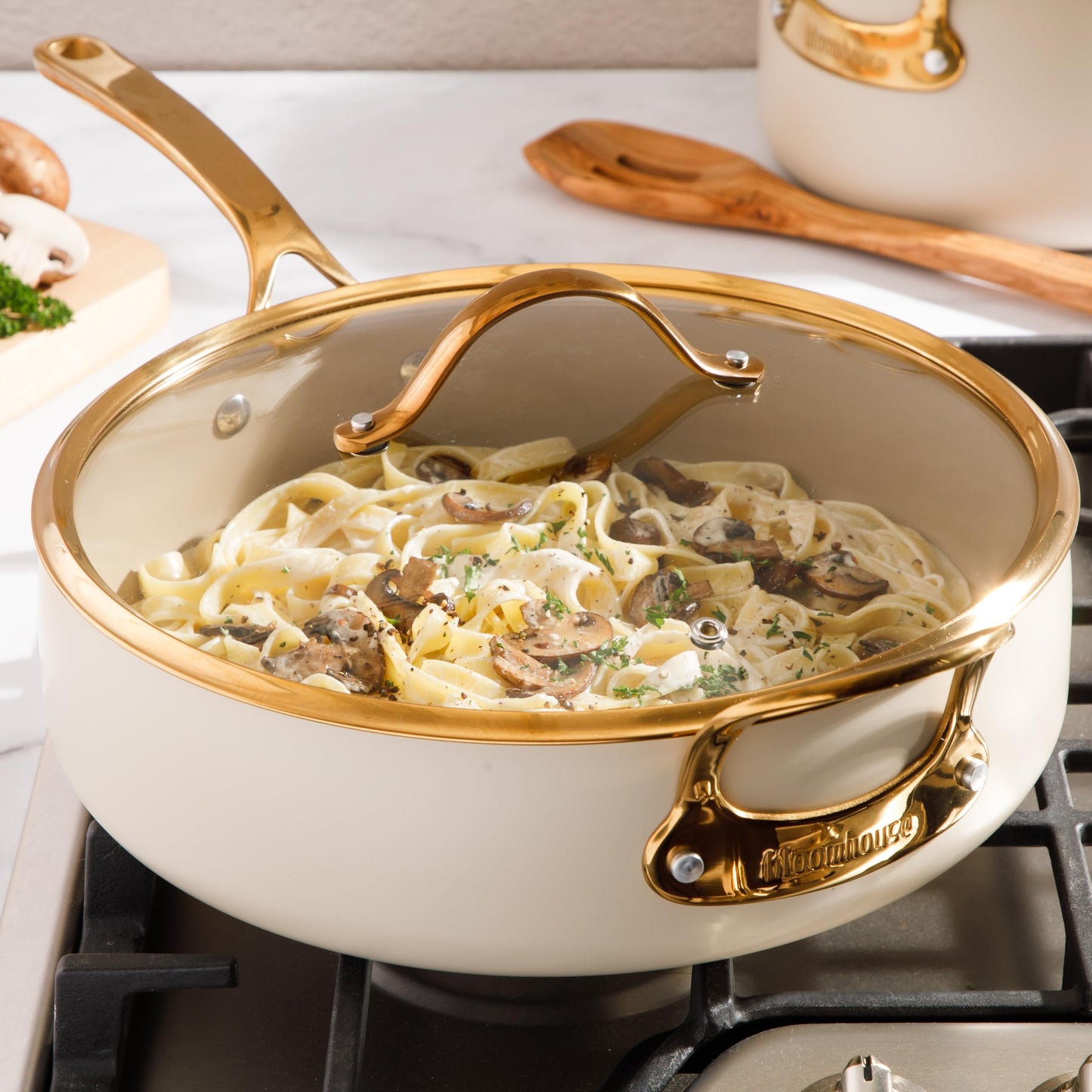 8 Piece Pots and Pans Heavy Duty Aluminum Premium PFA Free Ceramic Nonstick Dutch Oven Pot w/Lid - Almond Cream w/Gold Handle