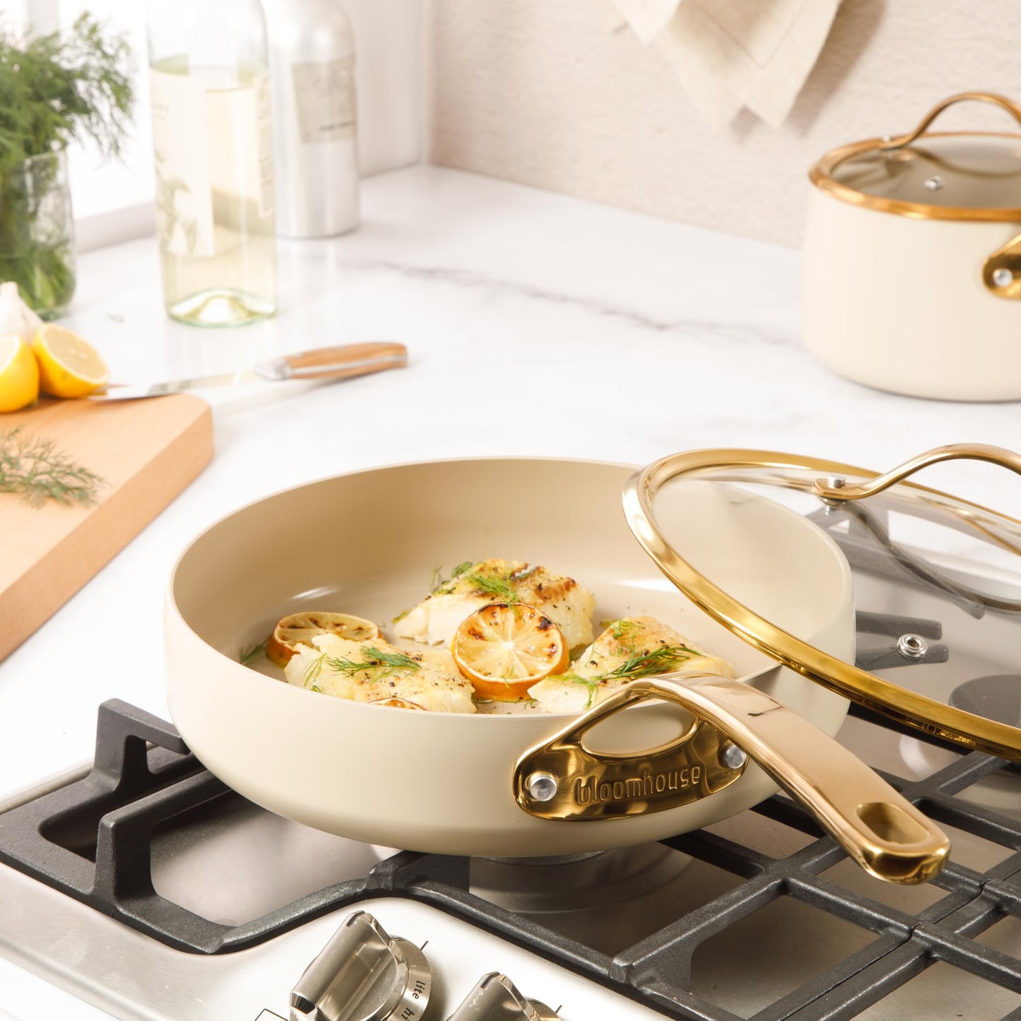 8 Piece Pots and Pans Heavy Duty Aluminum Premium PFA Free Ceramic Nonstick Dutch Oven Pot w/Lid - Almond Cream w/Gold Handle