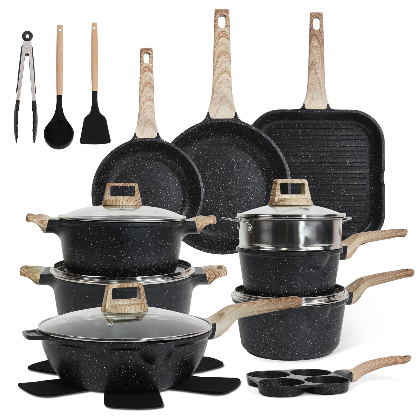 23Pcs Pots and Pans Set Non Stick, Kitchen Cookware Sets, Granite Stone Induction Cookware Non Stick Cooking Set w/Frying Pans, Saucepans, Sauté Pan, Griddle Pan, Egg Pan, Cream White