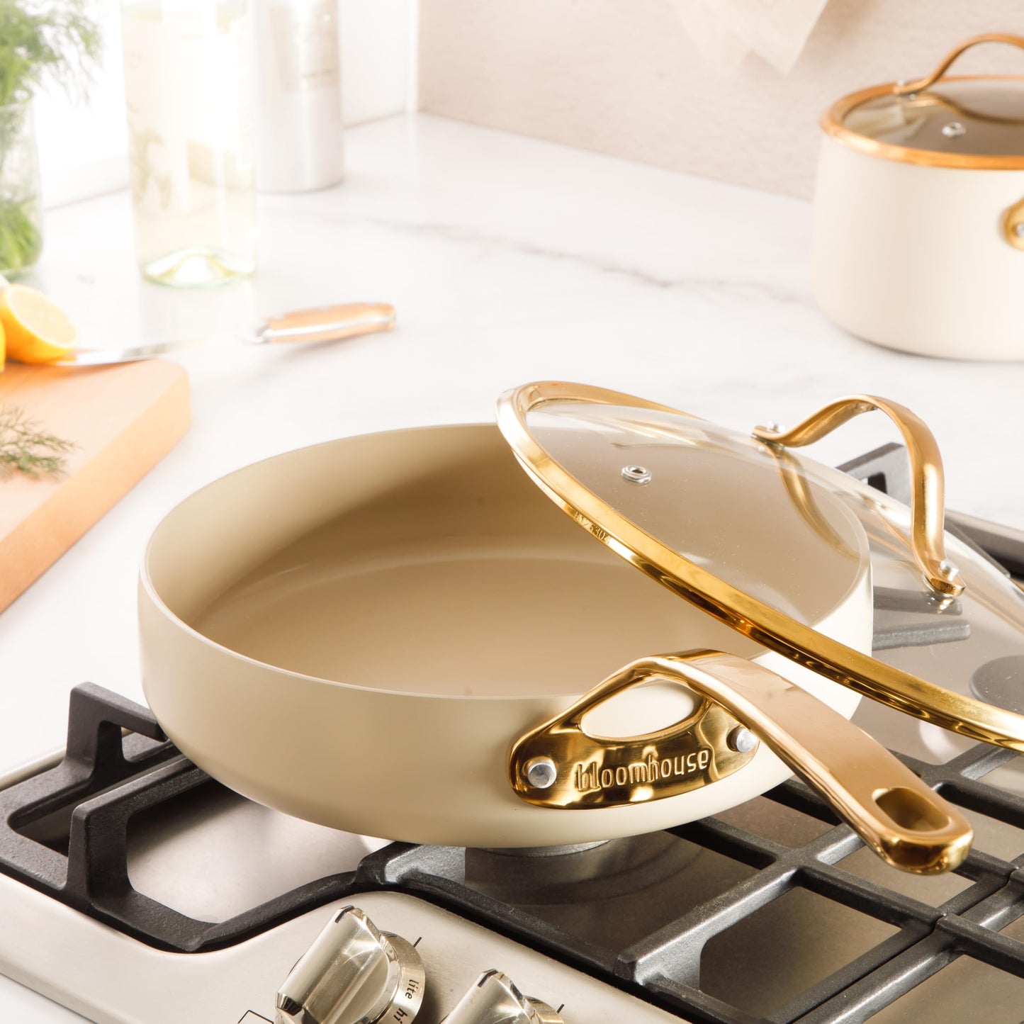 8 Piece Pots and Pans Heavy Duty Aluminum Premium PFA Free Ceramic Nonstick Dutch Oven Pot w/Lid - Almond Cream w/Gold Handle