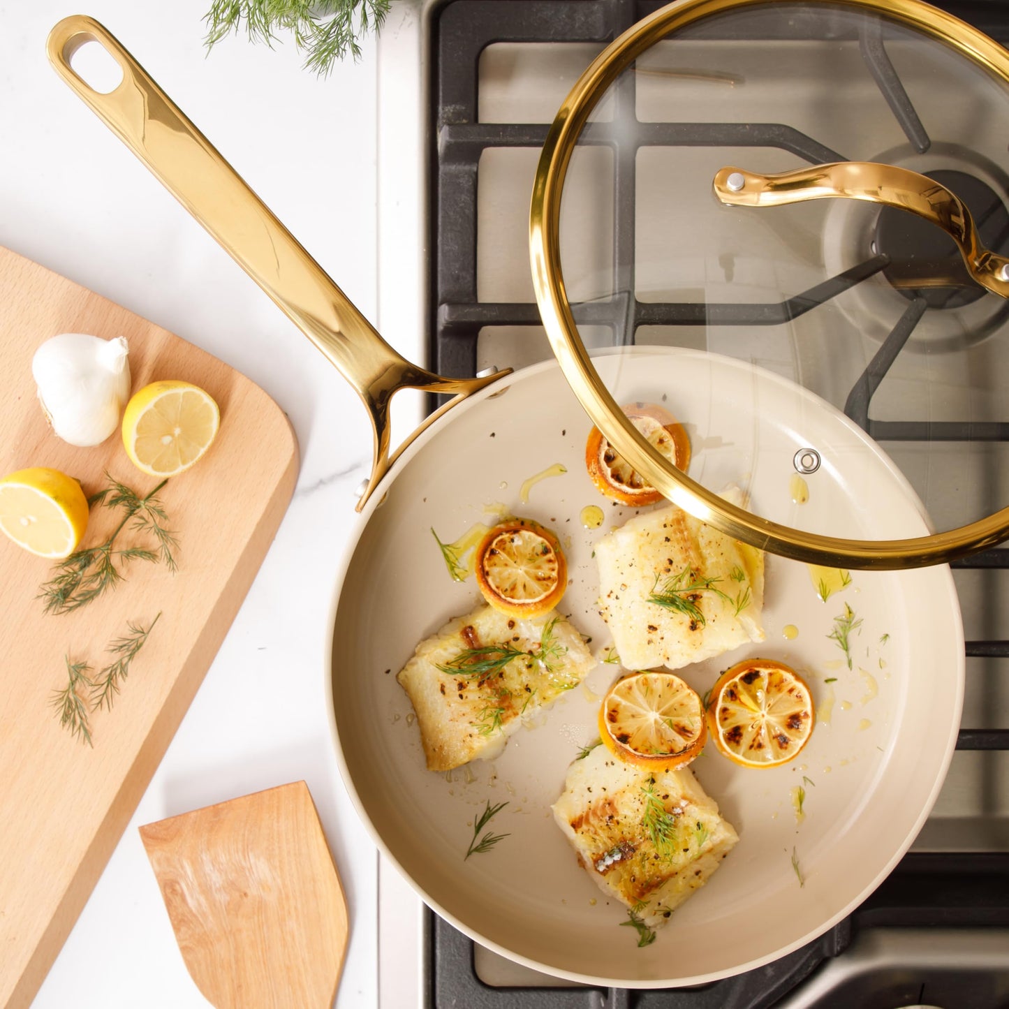 8 Piece Pots and Pans Heavy Duty Aluminum Premium PFA Free Ceramic Nonstick Dutch Oven Pot w/Lid - Almond Cream w/Gold Handle