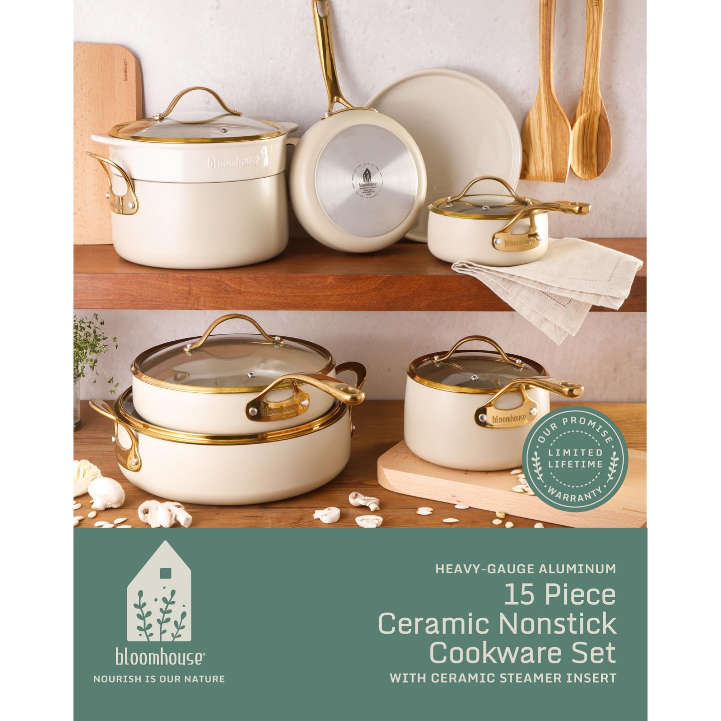 8 Piece Pots and Pans Heavy Duty Aluminum Premium PFA Free Ceramic Nonstick Dutch Oven Pot w/Lid - Almond Cream w/Gold Handle