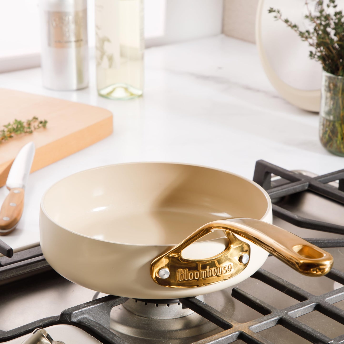 8 Piece Pots and Pans Heavy Duty Aluminum Premium PFA Free Ceramic Nonstick Dutch Oven Pot w/Lid - Almond Cream w/Gold Handle