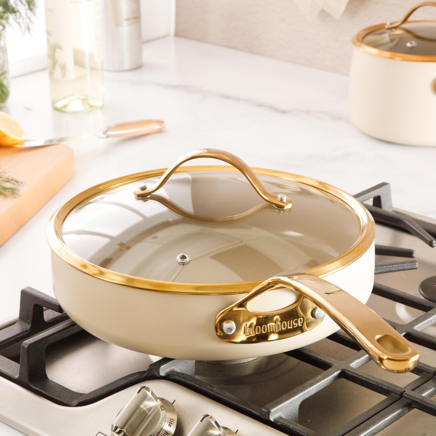8 Piece Pots and Pans Heavy Duty Aluminum Premium PFA Free Ceramic Nonstick Dutch Oven Pot w/Lid - Almond Cream w/Gold Handle