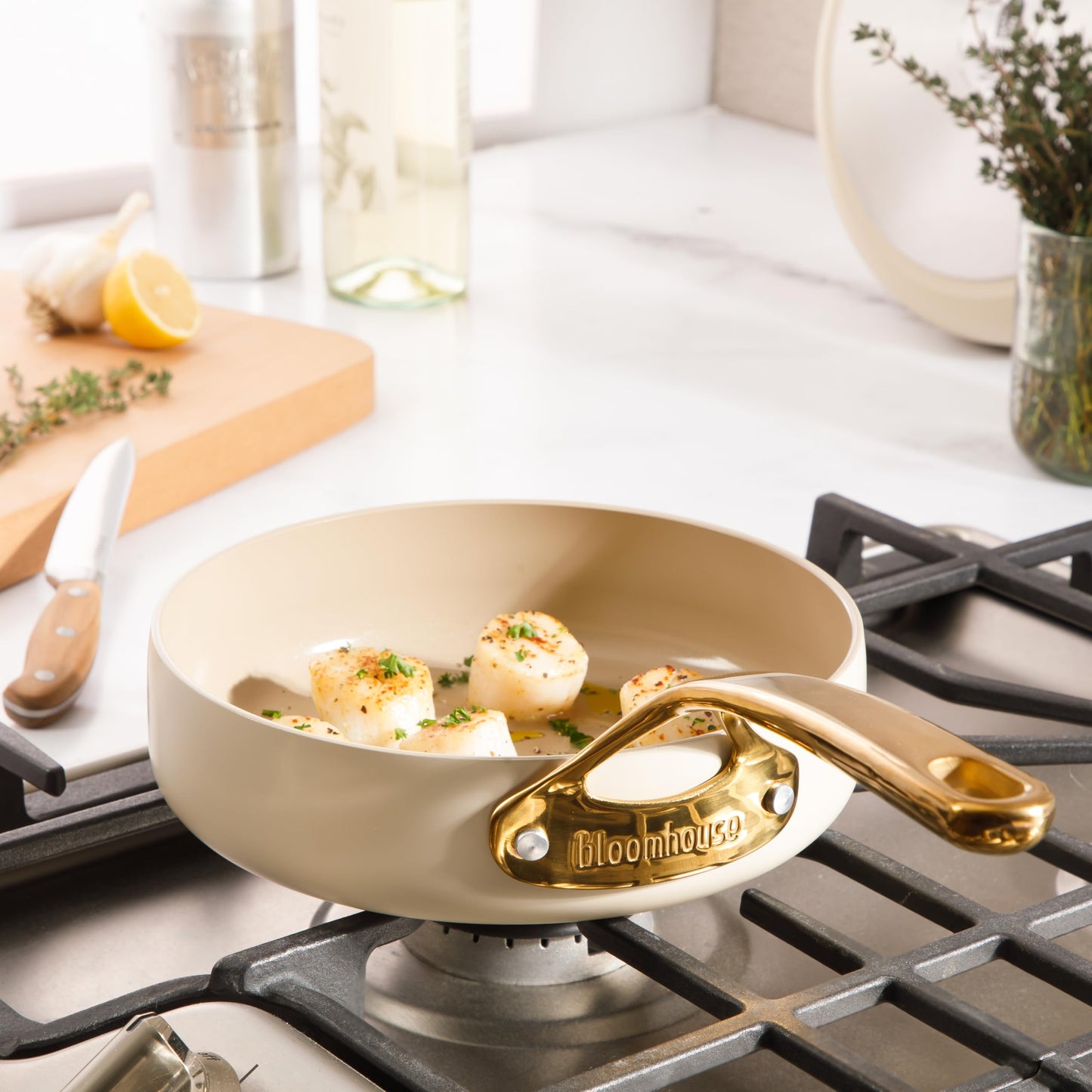 8 Piece Pots and Pans Heavy Duty Aluminum Premium PFA Free Ceramic Nonstick Dutch Oven Pot w/Lid - Almond Cream w/Gold Handle