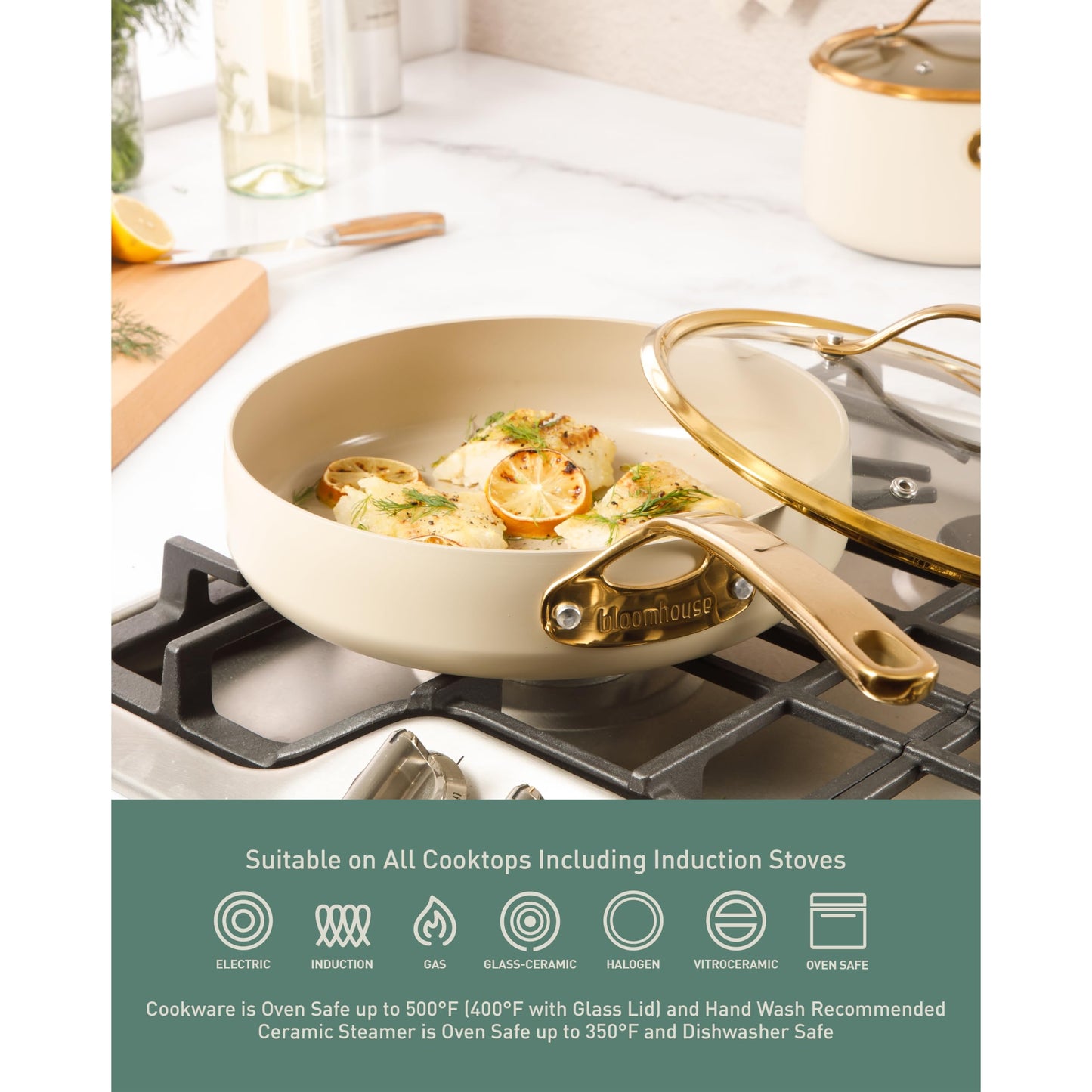 8 Piece Pots and Pans Heavy Duty Aluminum Premium PFA Free Ceramic Nonstick Dutch Oven Pot w/Lid - Almond Cream w/Gold Handle