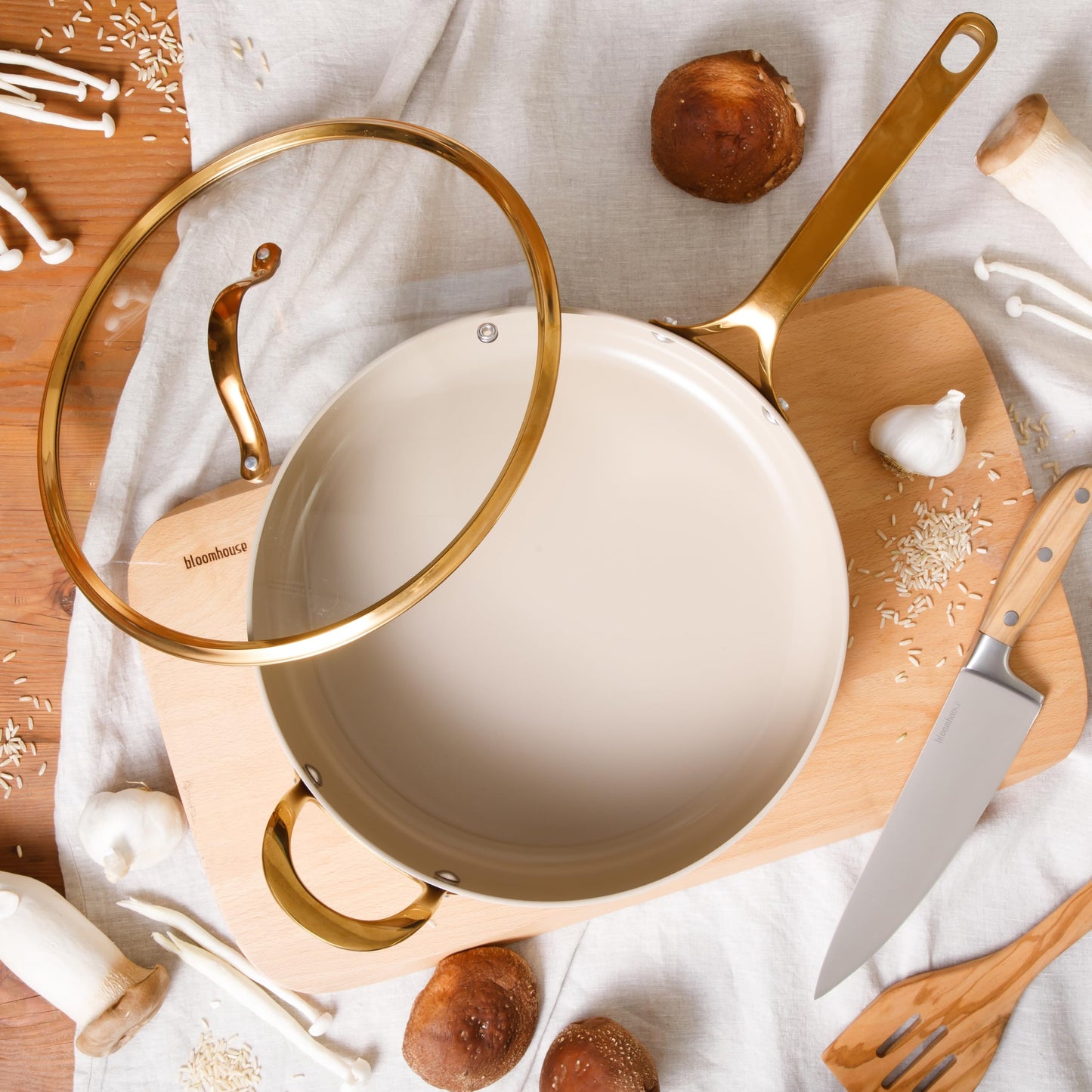 8 Piece Pots and Pans Heavy Duty Aluminum Premium PFA Free Ceramic Nonstick Dutch Oven Pot w/Lid - Almond Cream w/Gold Handle