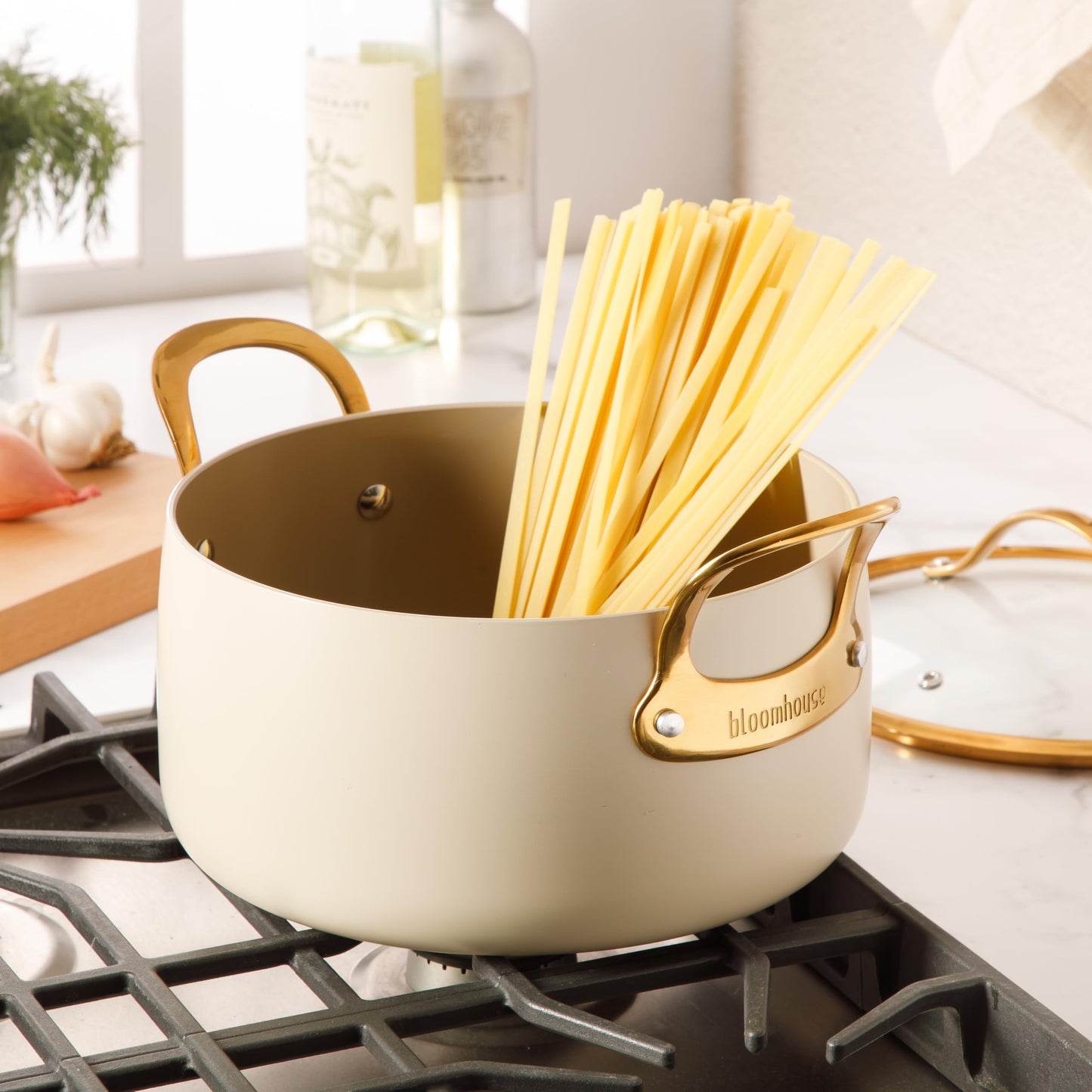8 Piece Pots and Pans Heavy Duty Aluminum Premium PFA Free Ceramic Nonstick Dutch Oven Pot w/Lid - Almond Cream w/Gold Handle