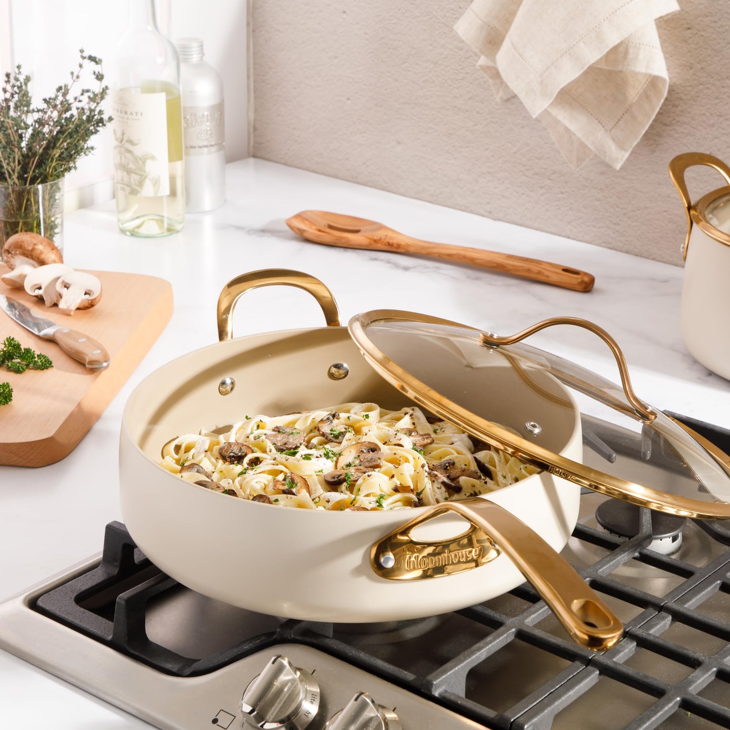 8 Piece Pots and Pans Heavy Duty Aluminum Premium PFA Free Ceramic Nonstick Dutch Oven Pot w/Lid - Almond Cream w/Gold Handle
