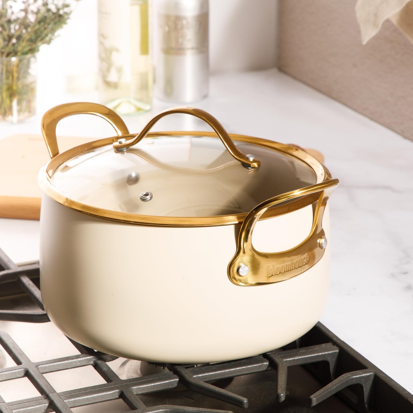 8 Piece Pots and Pans Heavy Duty Aluminum Premium PFA Free Ceramic Nonstick Dutch Oven Pot w/Lid - Almond Cream w/Gold Handle