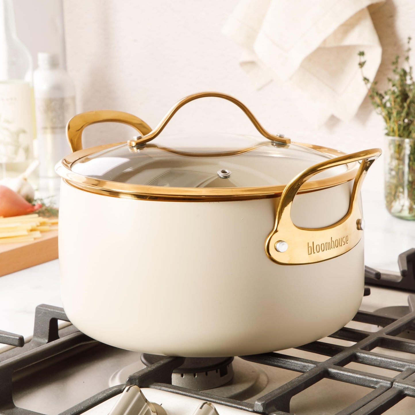 8 Piece Pots and Pans Heavy Duty Aluminum Premium PFA Free Ceramic Nonstick Dutch Oven Pot w/Lid - Almond Cream w/Gold Handle