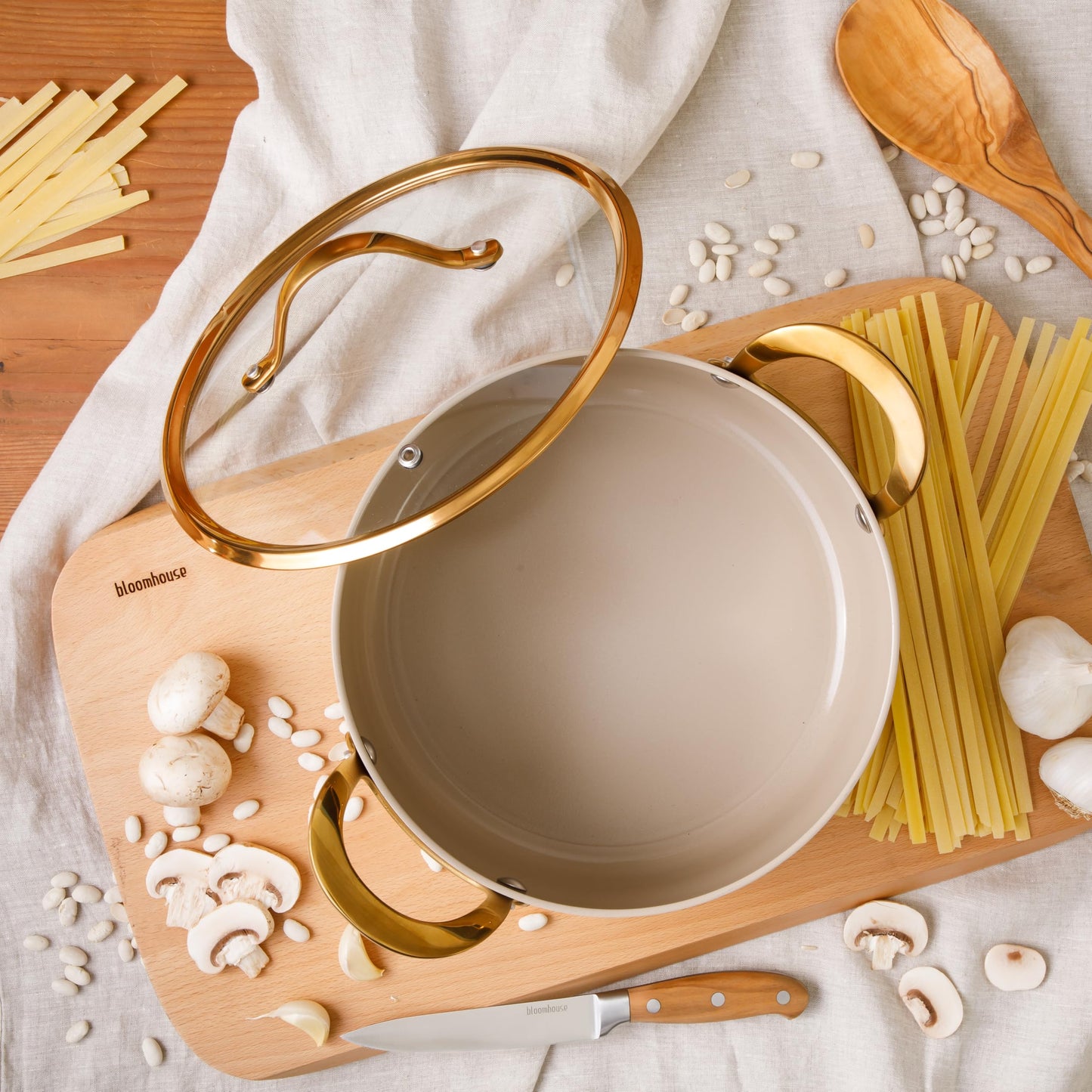 8 Piece Pots and Pans Heavy Duty Aluminum Premium PFA Free Ceramic Nonstick Dutch Oven Pot w/Lid - Almond Cream w/Gold Handle