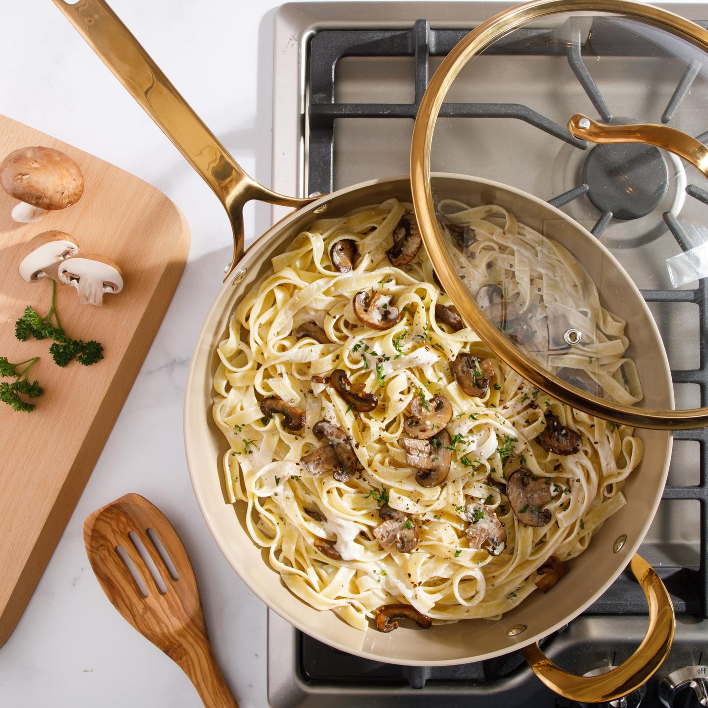 8 Piece Pots and Pans Heavy Duty Aluminum Premium PFA Free Ceramic Nonstick Dutch Oven Pot w/Lid - Almond Cream w/Gold Handle