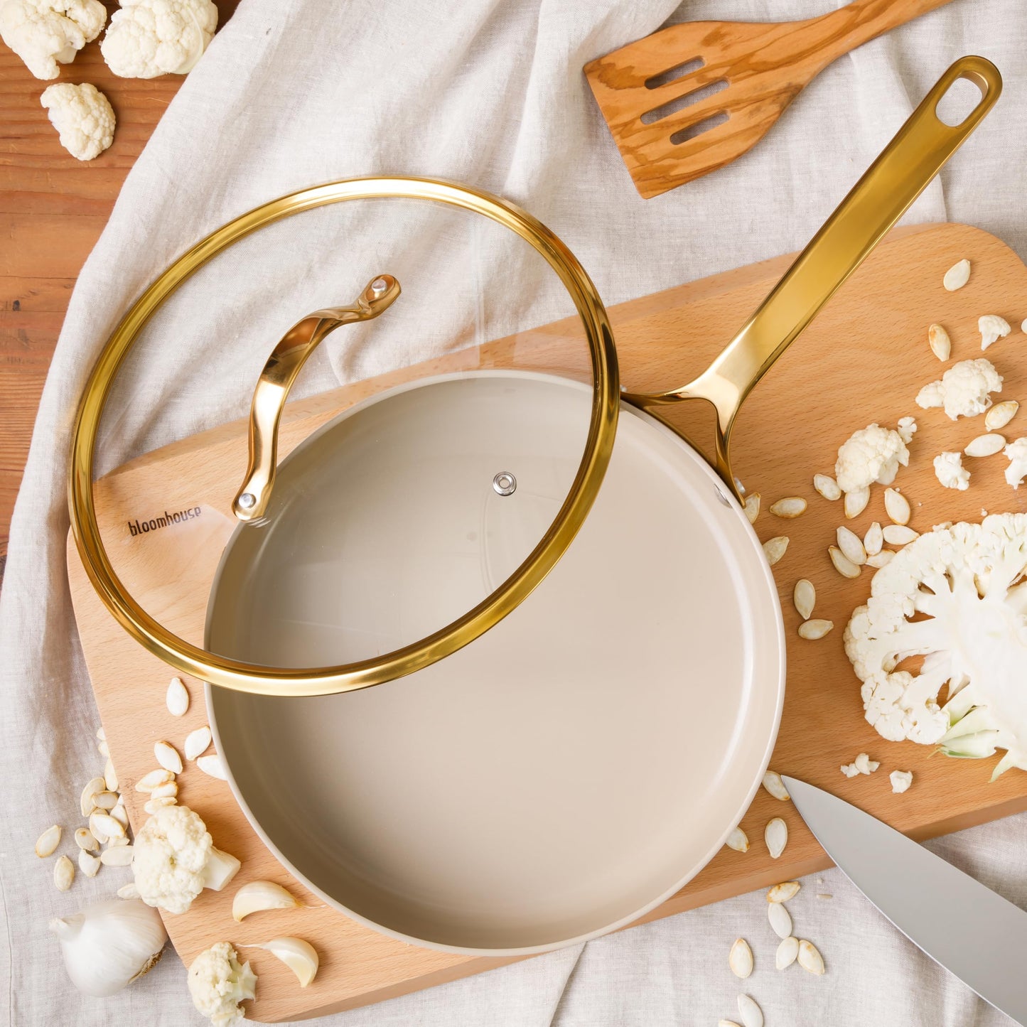 8 Piece Pots and Pans Heavy Duty Aluminum Premium PFA Free Ceramic Nonstick Dutch Oven Pot w/Lid - Almond Cream w/Gold Handle